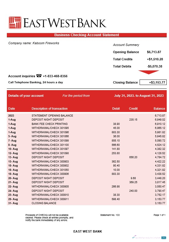 Download East West Bank firm account statement Word and PDF template Photoshop template